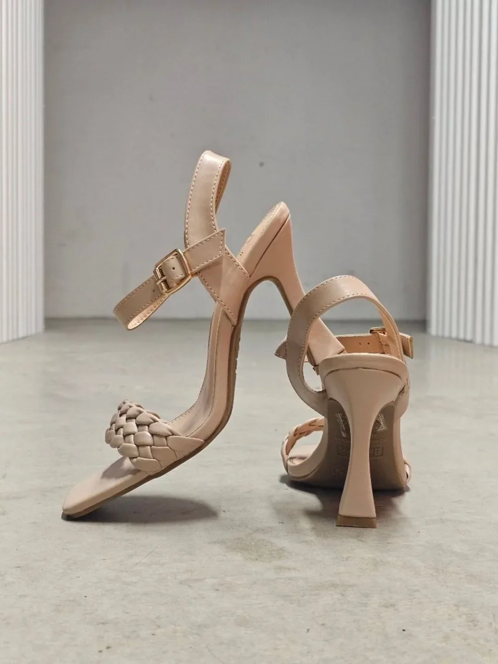 Braided Nude Heeled Sandals With Square Toe Design & Adjustable Ankle Strap - Picture 8 of 14